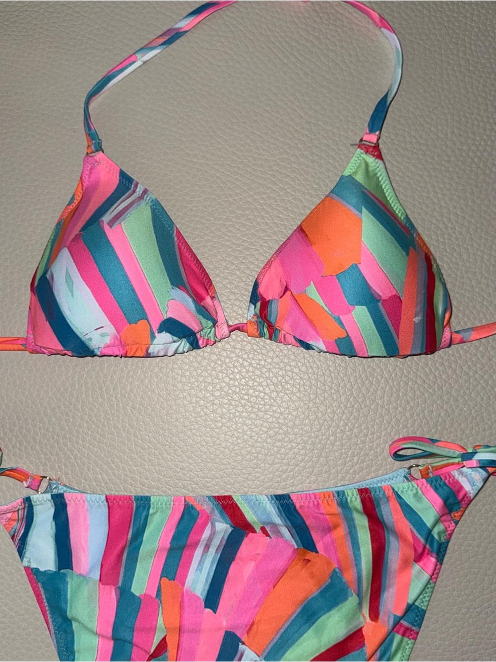 Calzedonia Colorful Striped Triangle Bikini Set - Pink & Teal